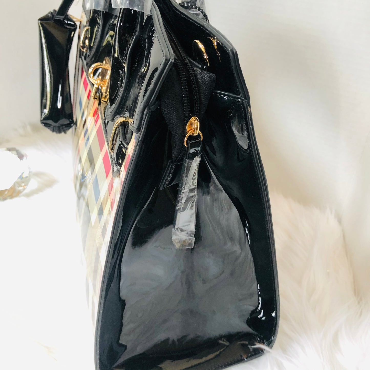 Black Checkered Patented Leather Mini Tote