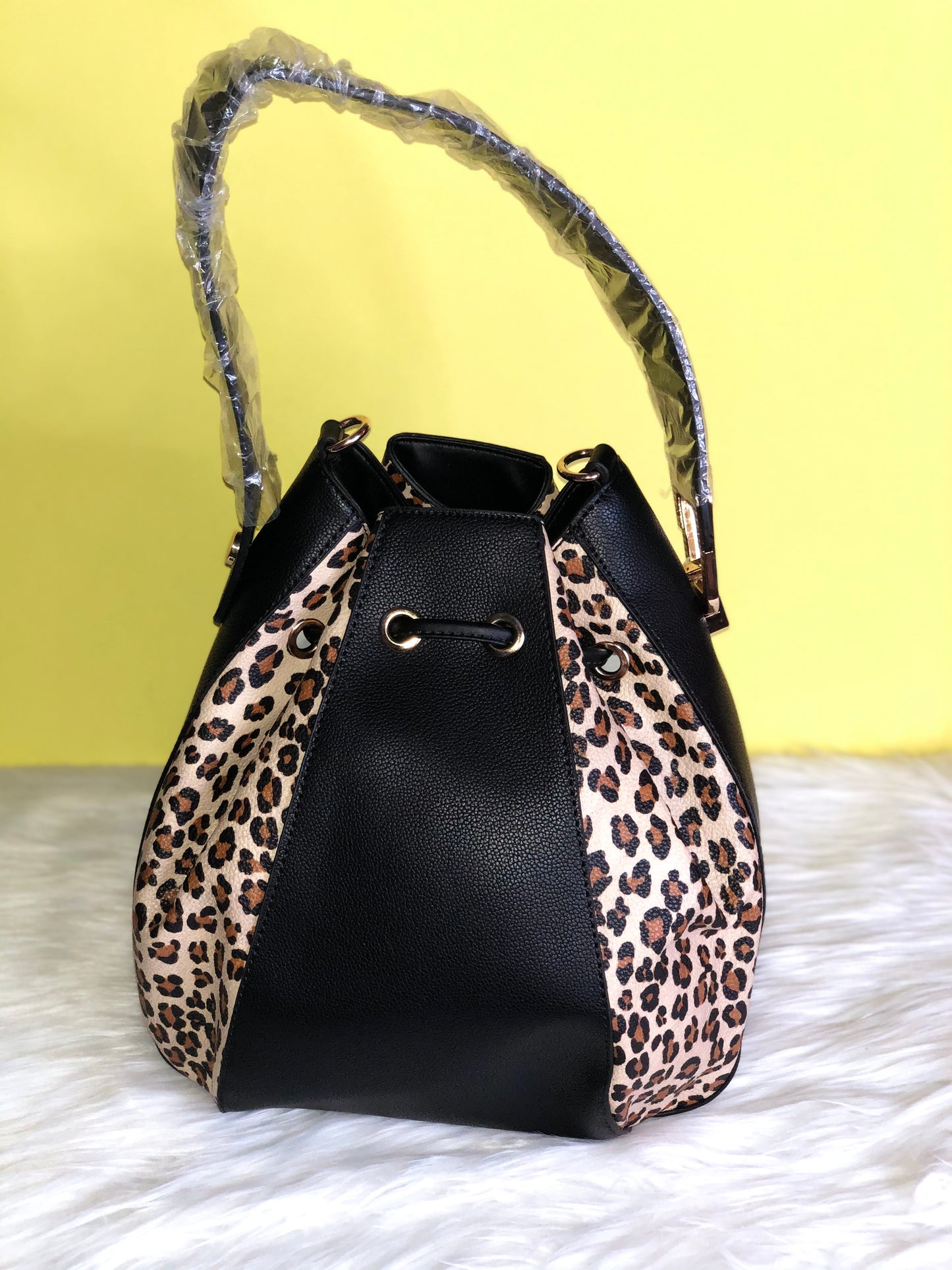 Black and Leopard Print Drawstring Purse