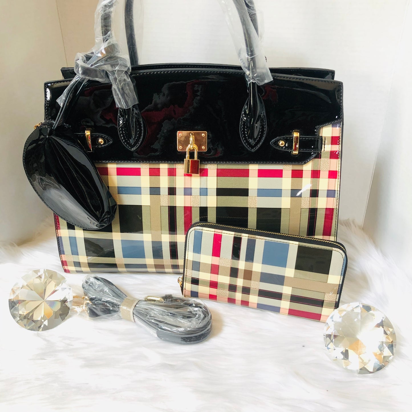 Black Checkered Patented Leather Mini Tote