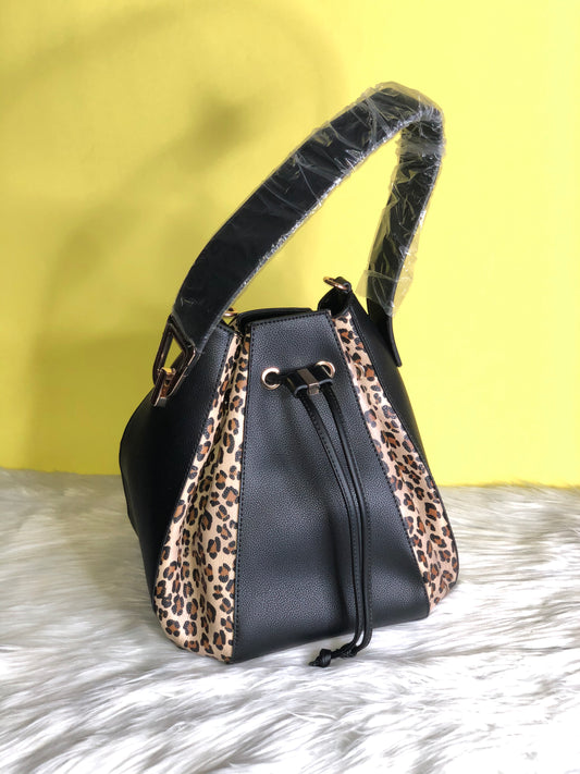 Black and Leopard Print Drawstring Purse