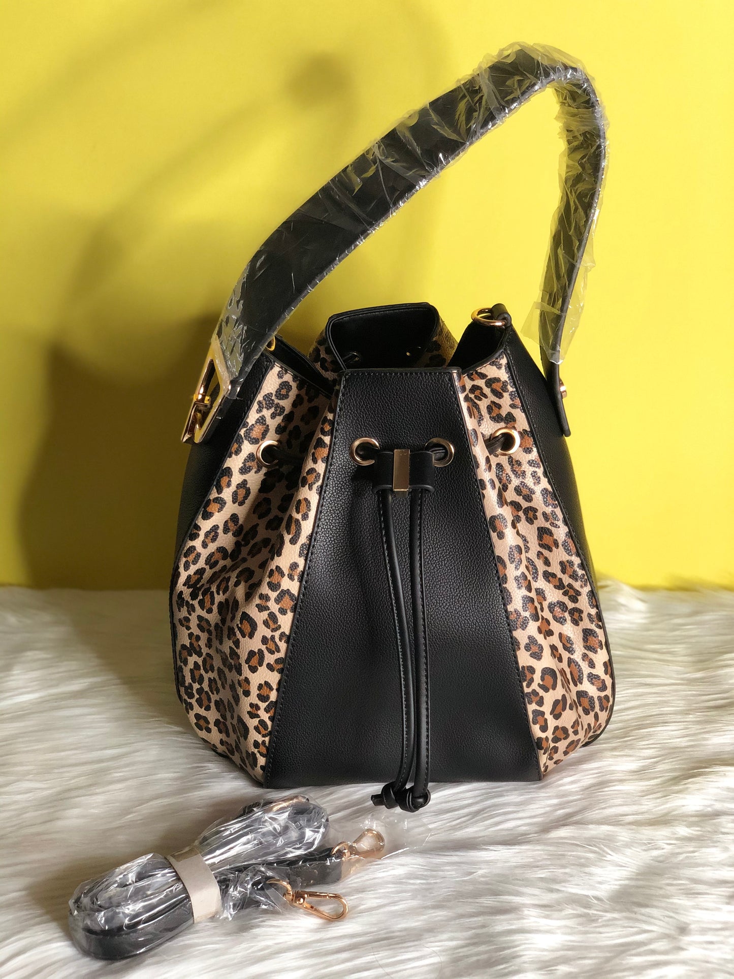 Black and Leopard Print Drawstring Purse