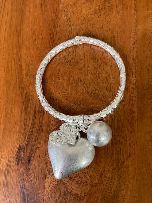 2 Hearts & A Ball Cuff Charm Bracelet