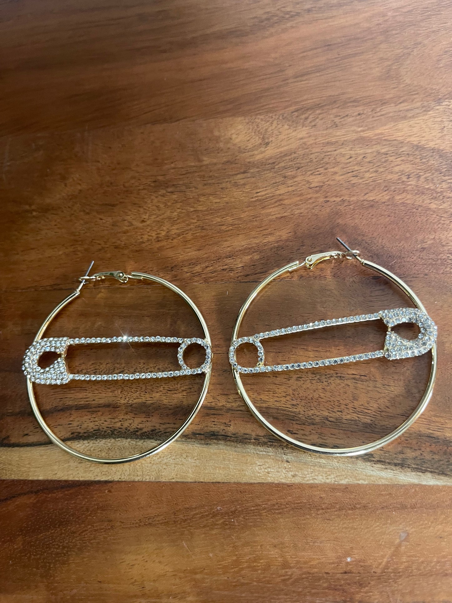Hoop Safety Pin Bling Rhinestone Earrings