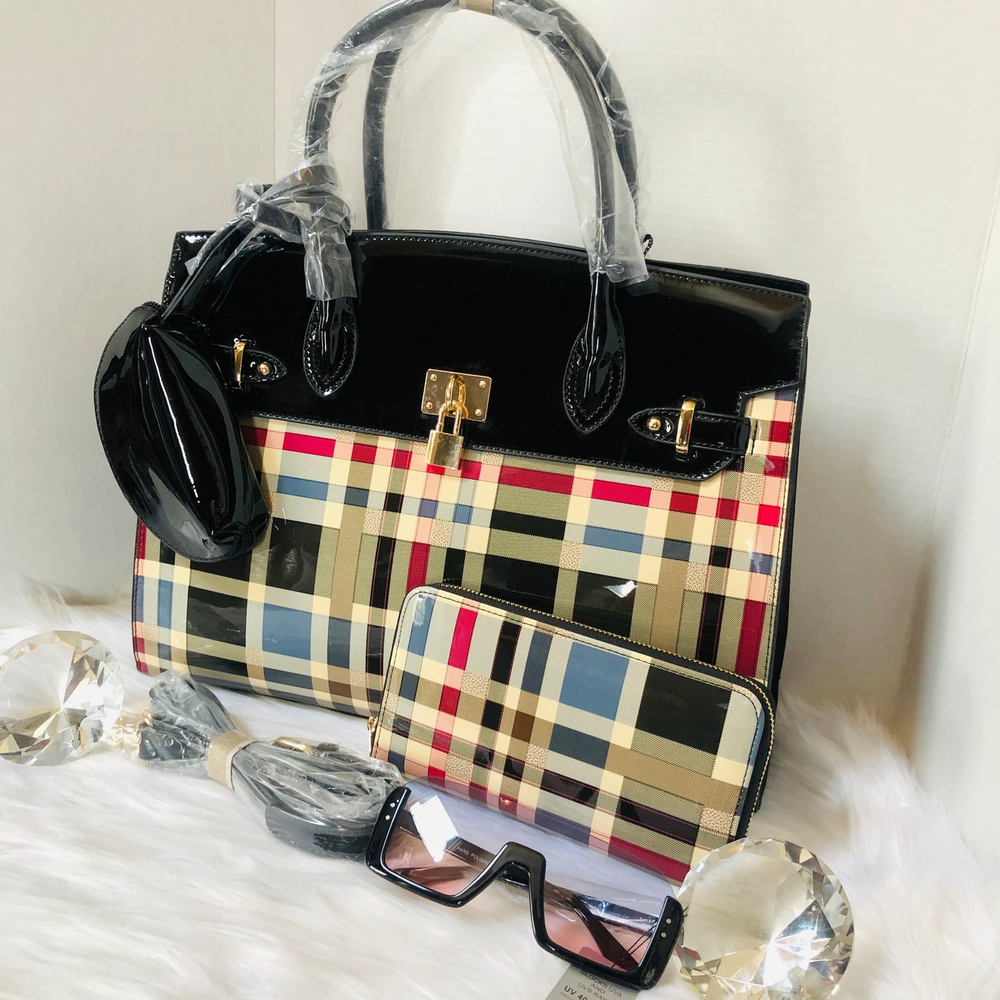 Black Checkered Patented Leather Mini Tote