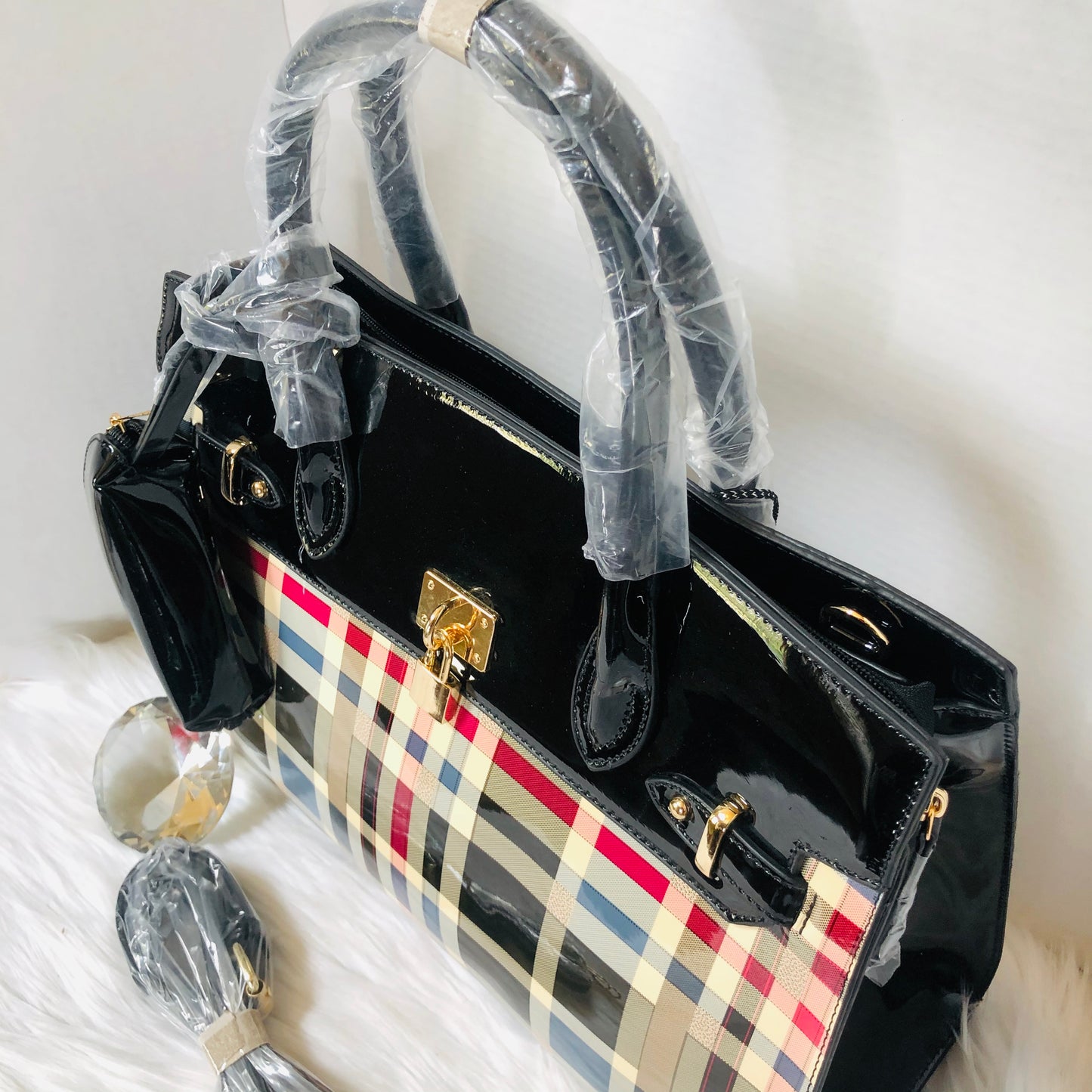 Black Checkered Patented Leather Mini Tote