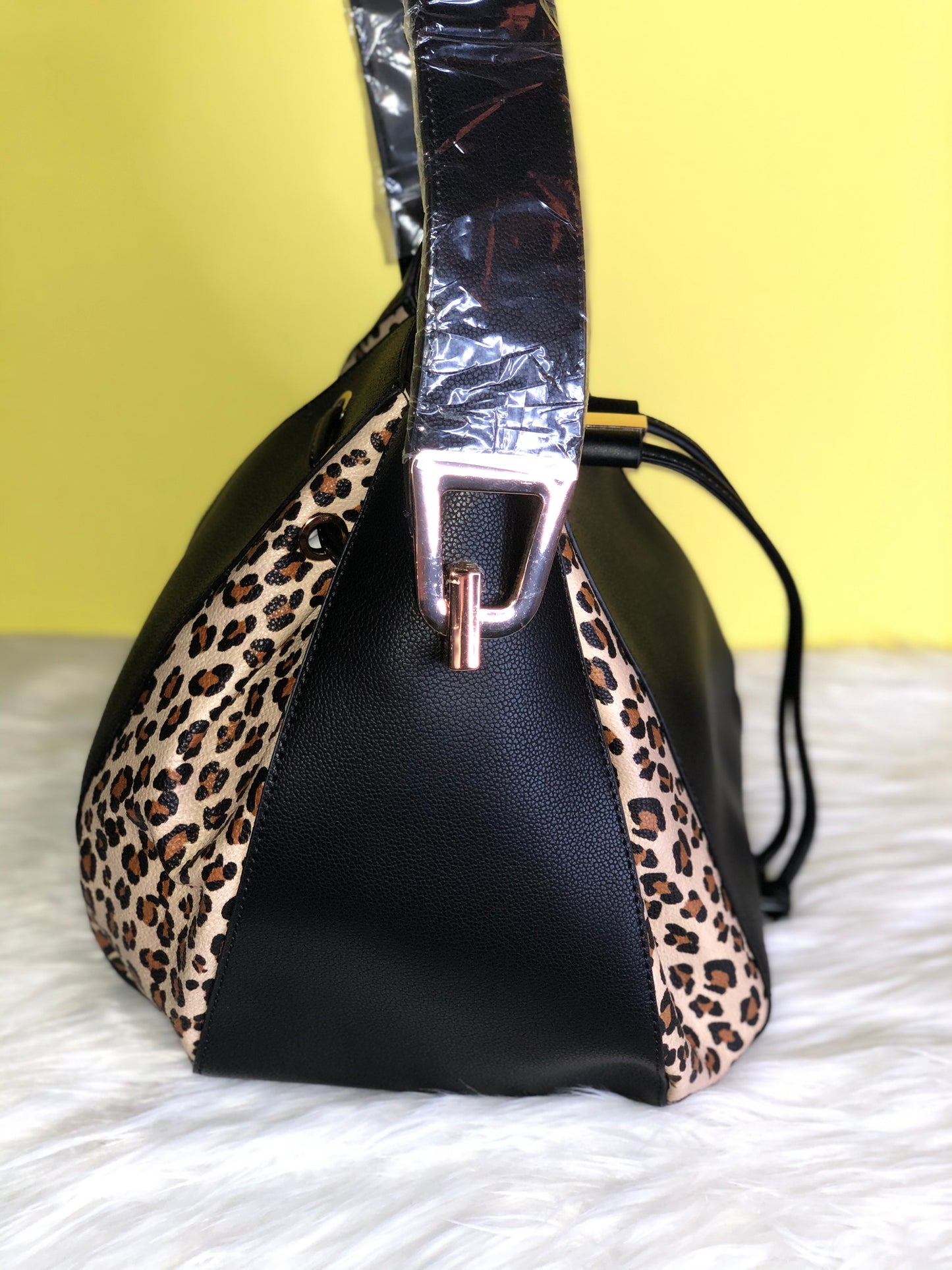 Black and Leopard Print Drawstring Purse