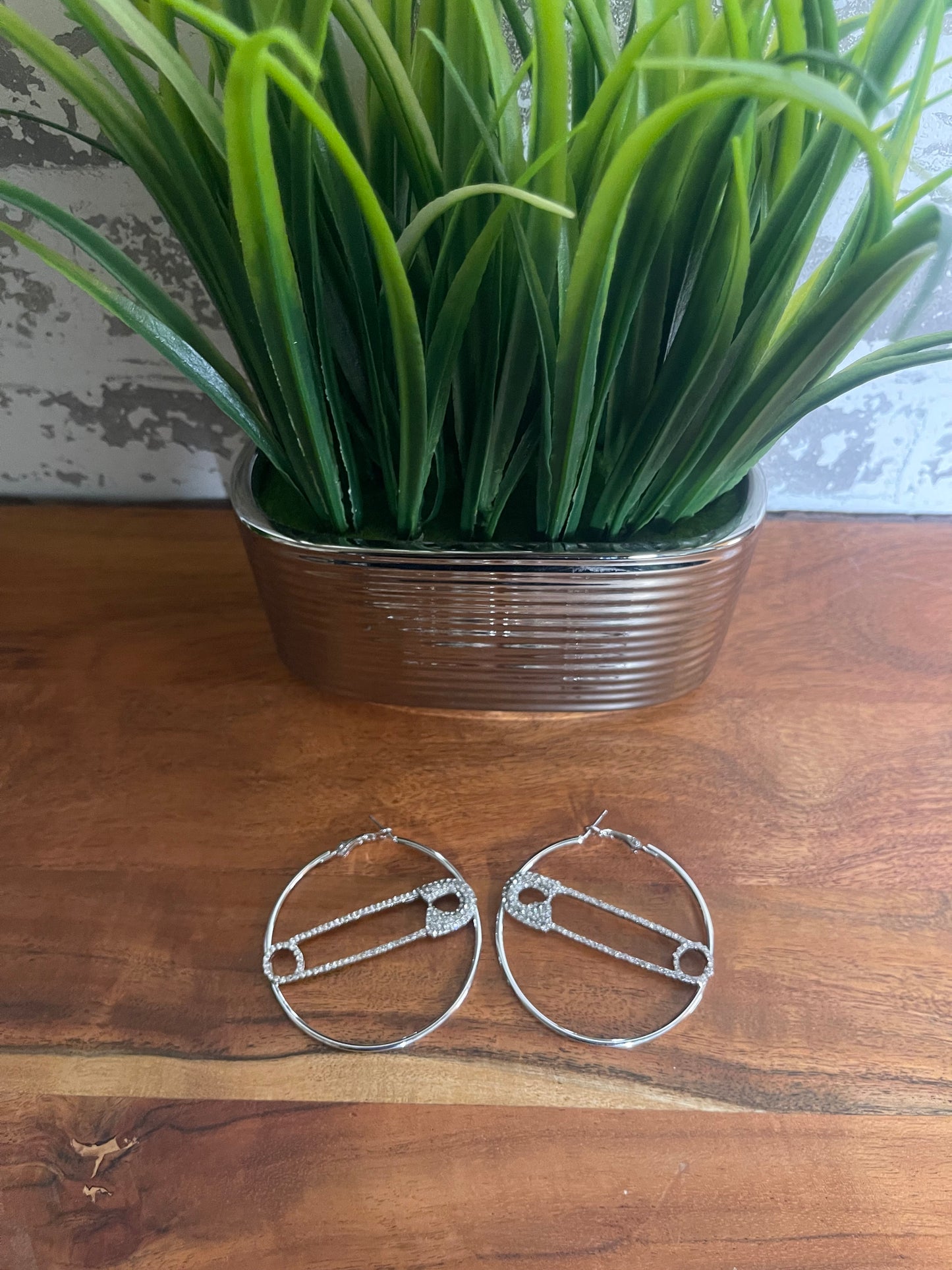 Hoop Safety Pin Bling Rhinestone Earrings
