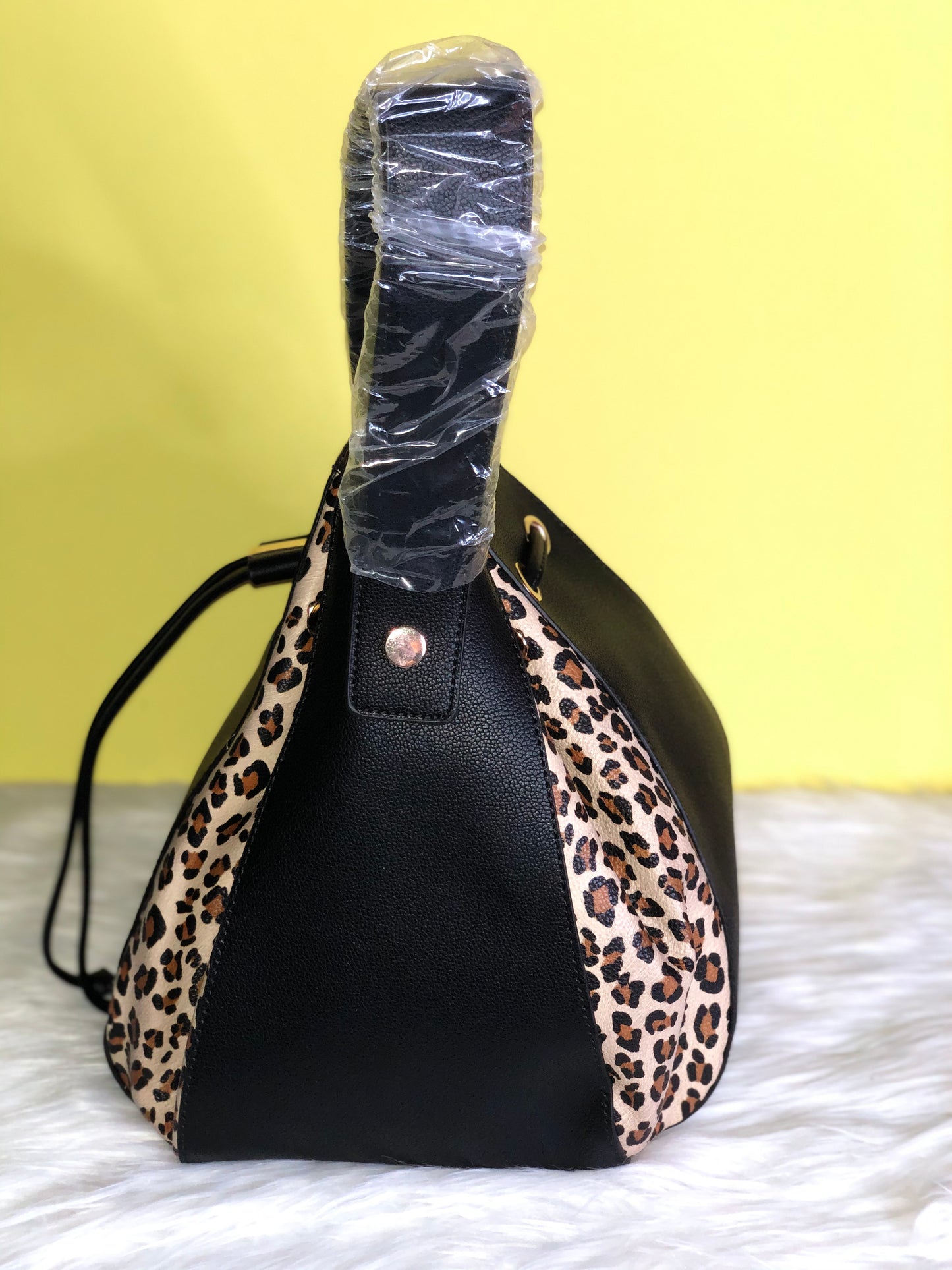 Black and Leopard Print Drawstring Purse