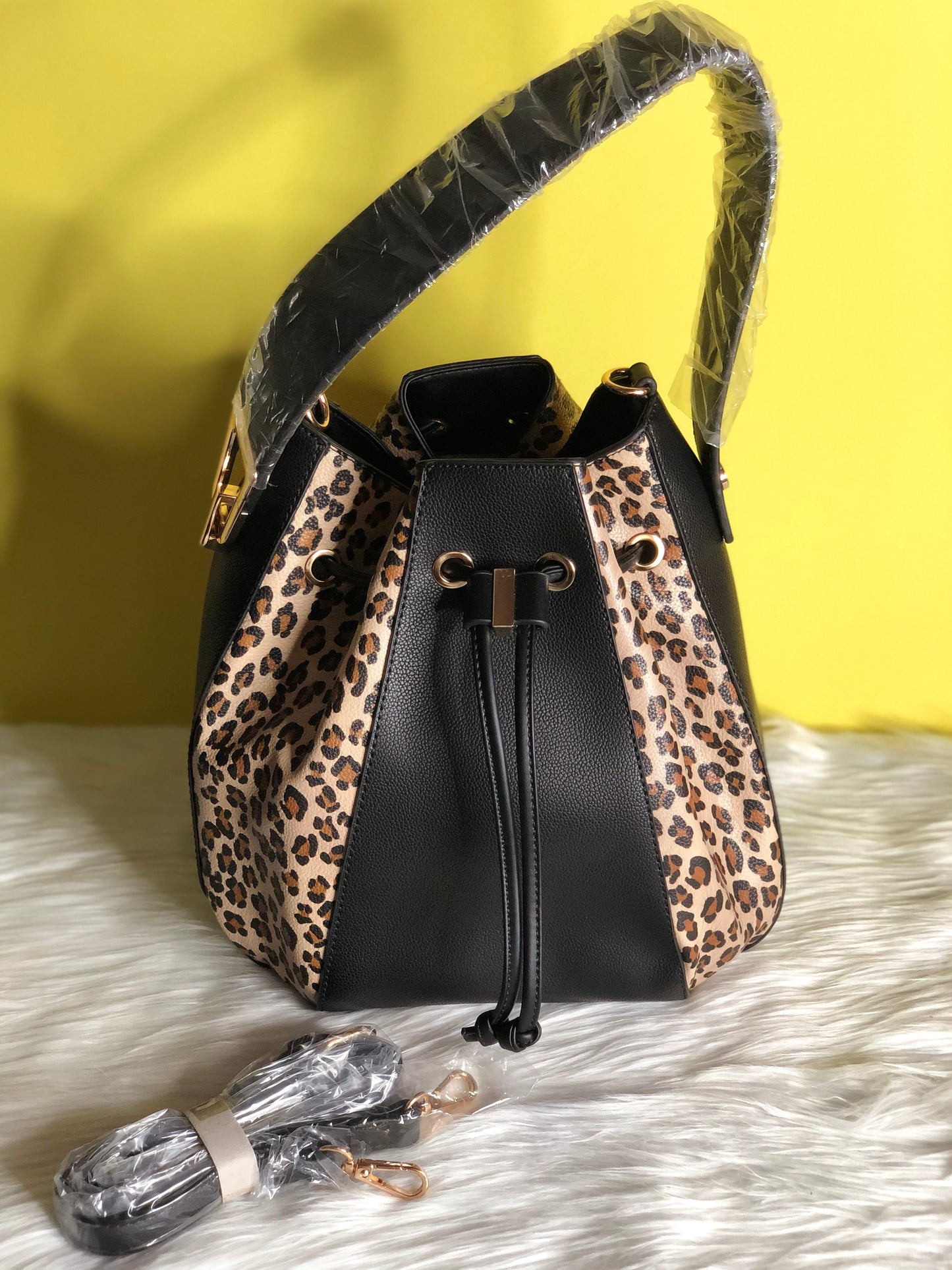 Black and Leopard Print Drawstring Purse