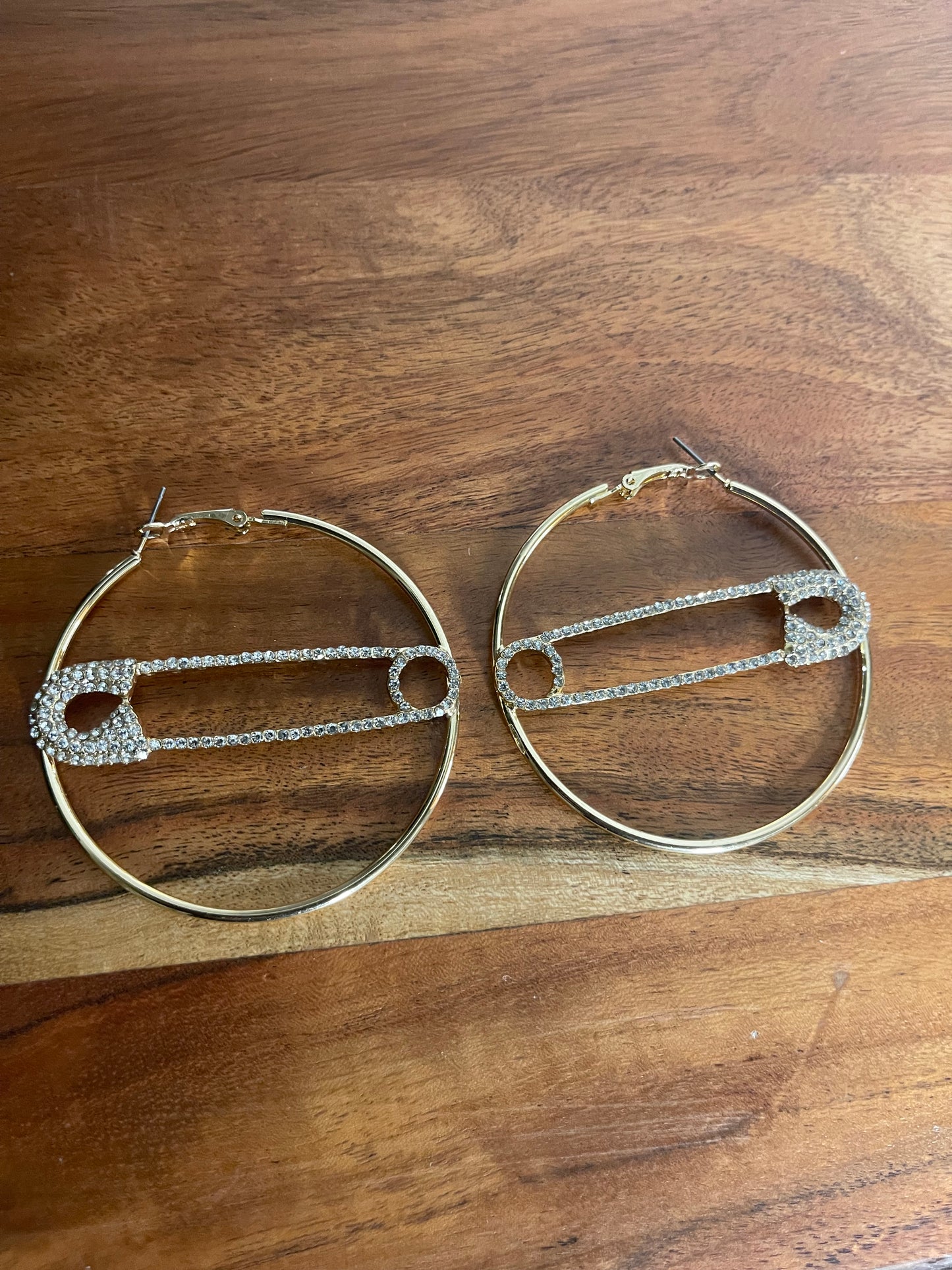 Hoop Safety Pin Bling Rhinestone Earrings