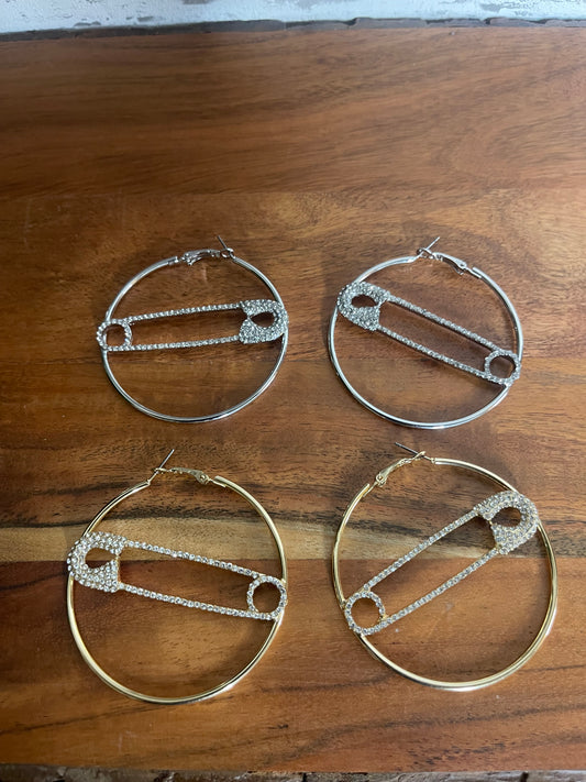 Hoop Safety Pin Bling Rhinestone Earrings