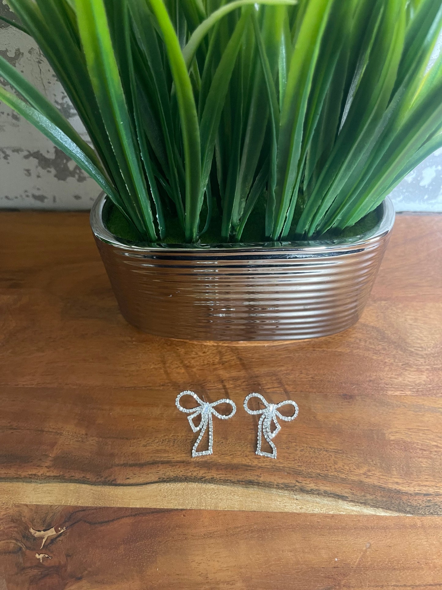 Silver Rhinestone Bow Studs Earrings