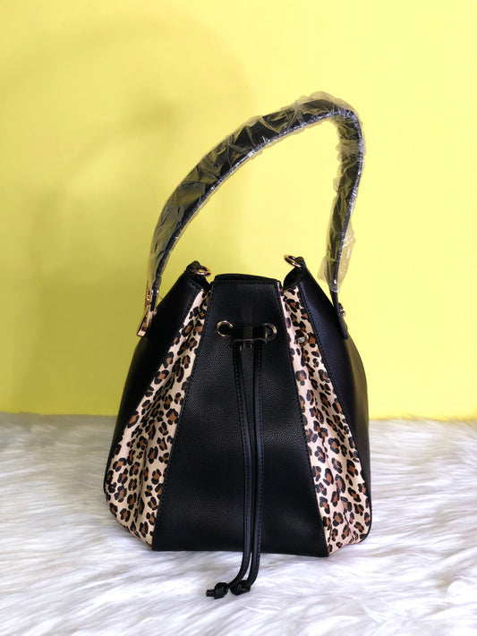 Black and Leopard Print Drawstring Purse