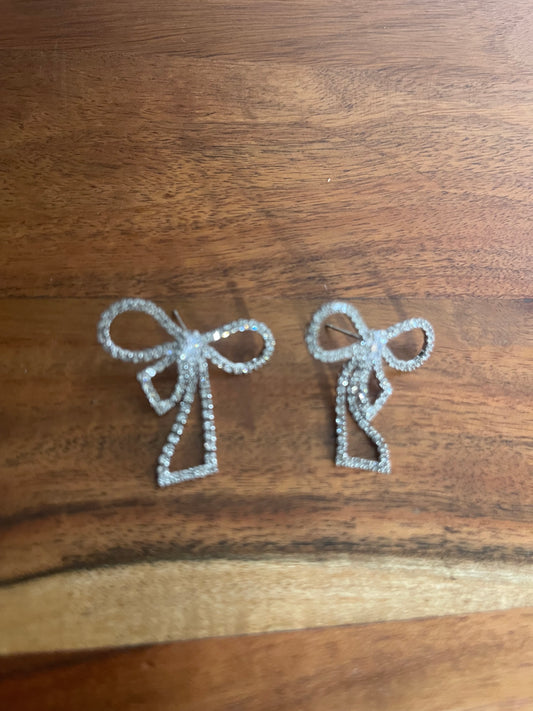 Silver Rhinestone Bow Studs Earrings