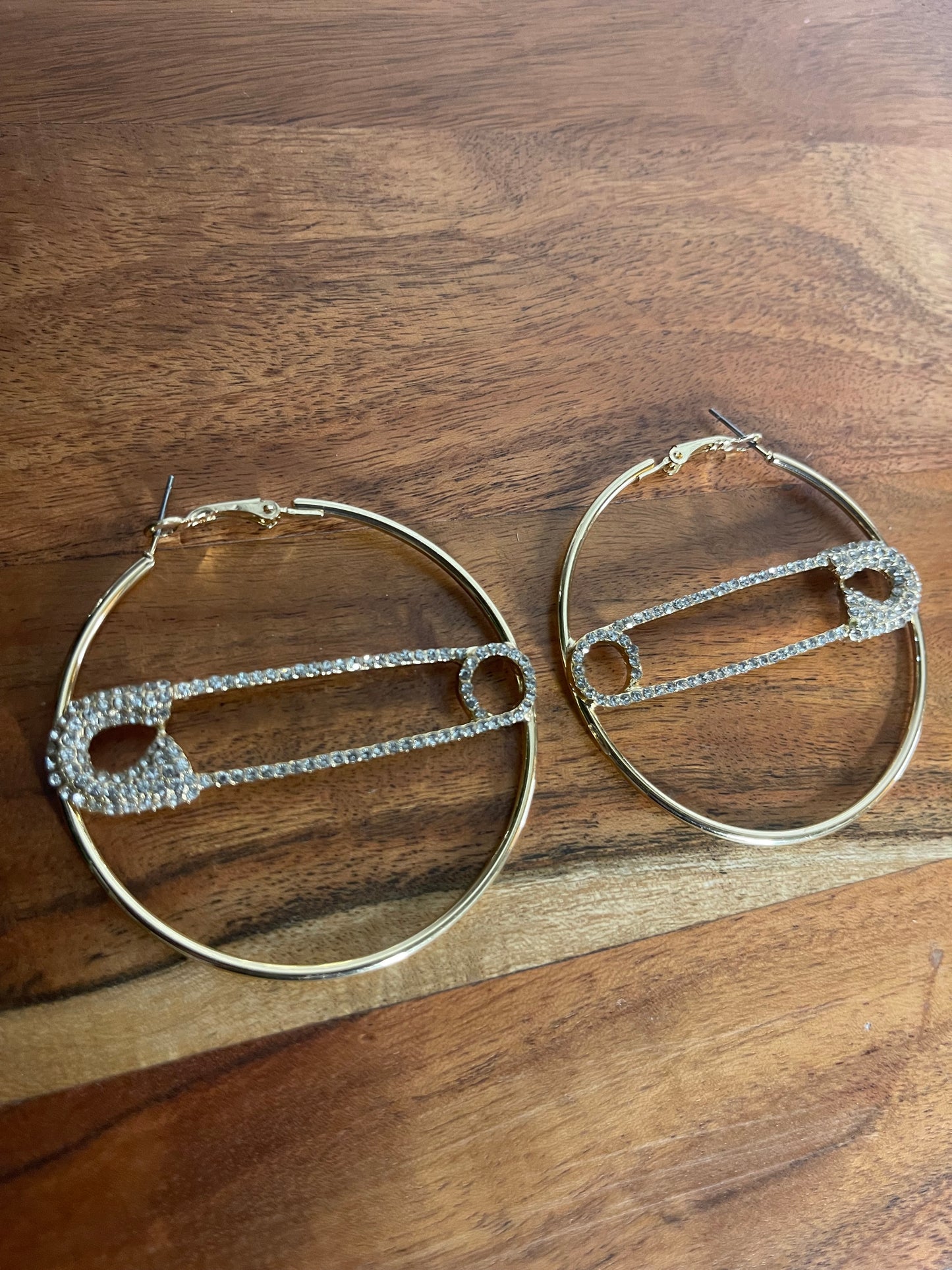 Hoop Safety Pin Bling Rhinestone Earrings